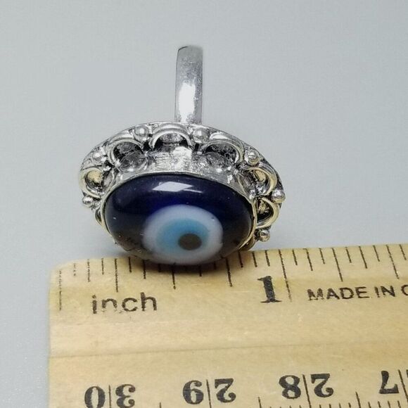 Vintage Blue Glass Evil Eye Ring, Silver Tone Bezel Set Size 8 Band, Estate - Picture 6 of 9
